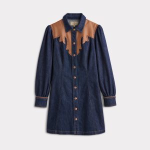 Rita Leather Yoke Denim Dress :: Dark Denim