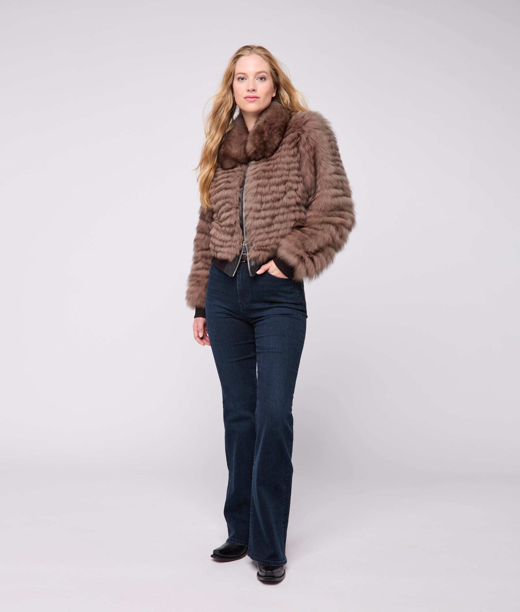 Amelia Fur Bomber Jacket :: Stone - Image 7