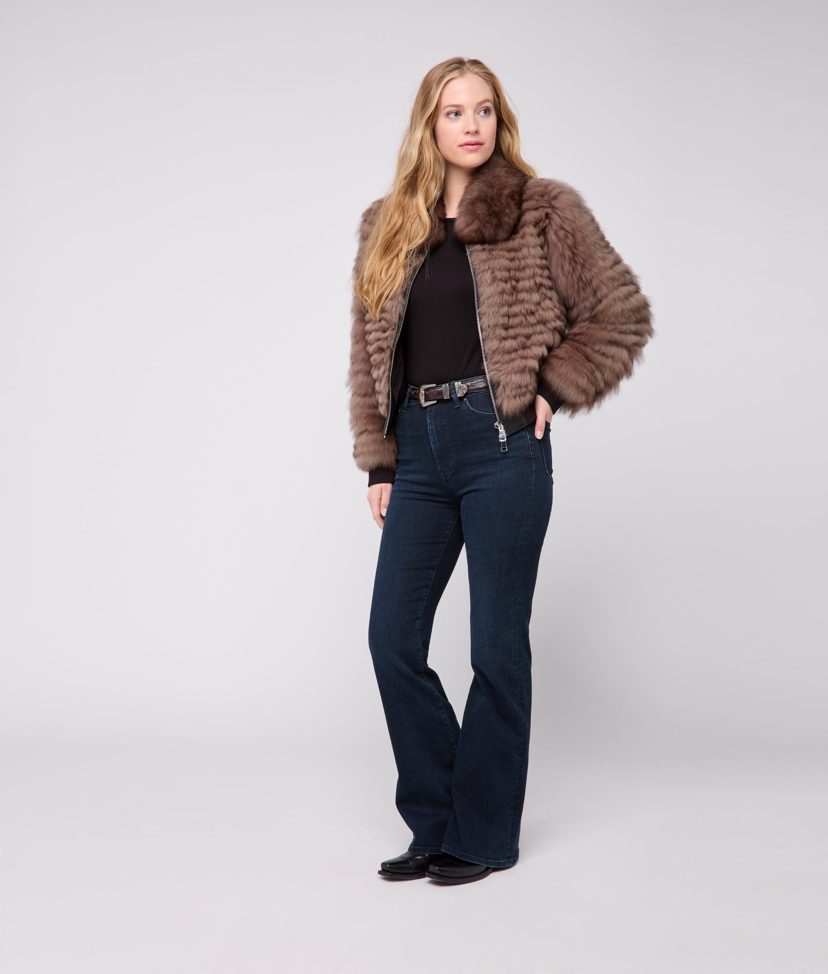 Amelia Fur Bomber Jacket :: Stone - Image 2