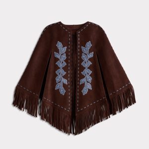Julianne Suede Cape With Floral Embroidery :: Brown/Blue