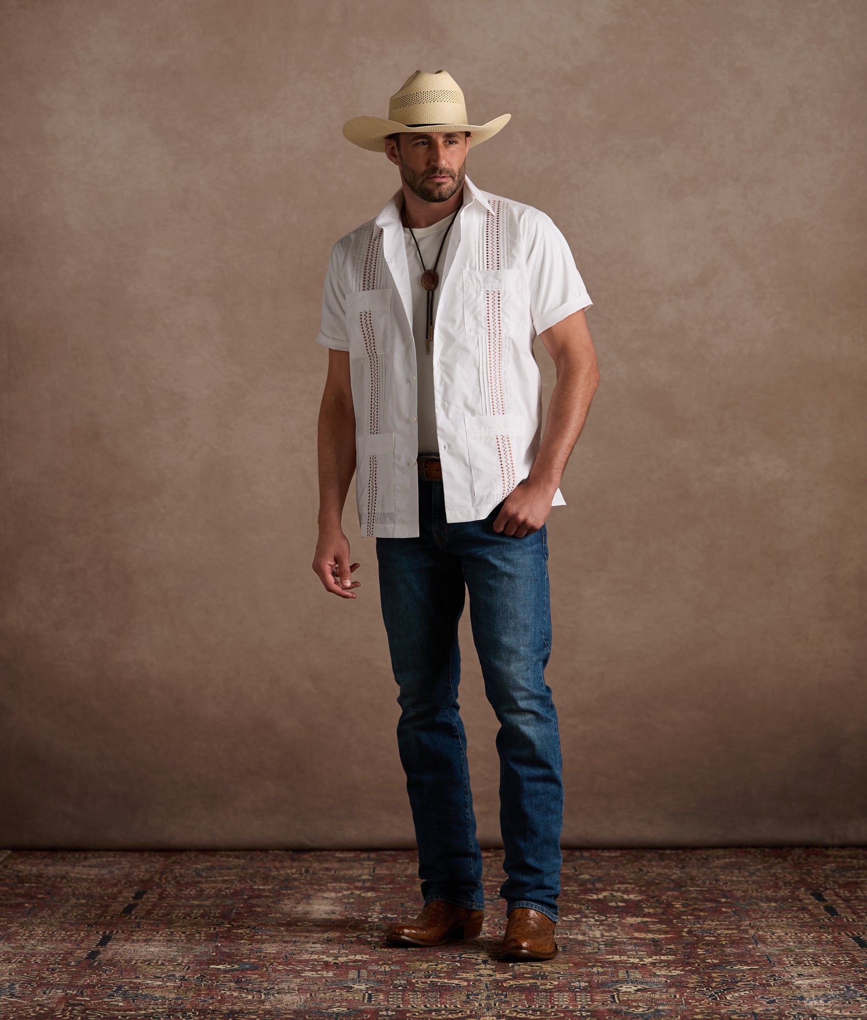 Guayabera Shirt :: White And Orange Gingham - Image 2