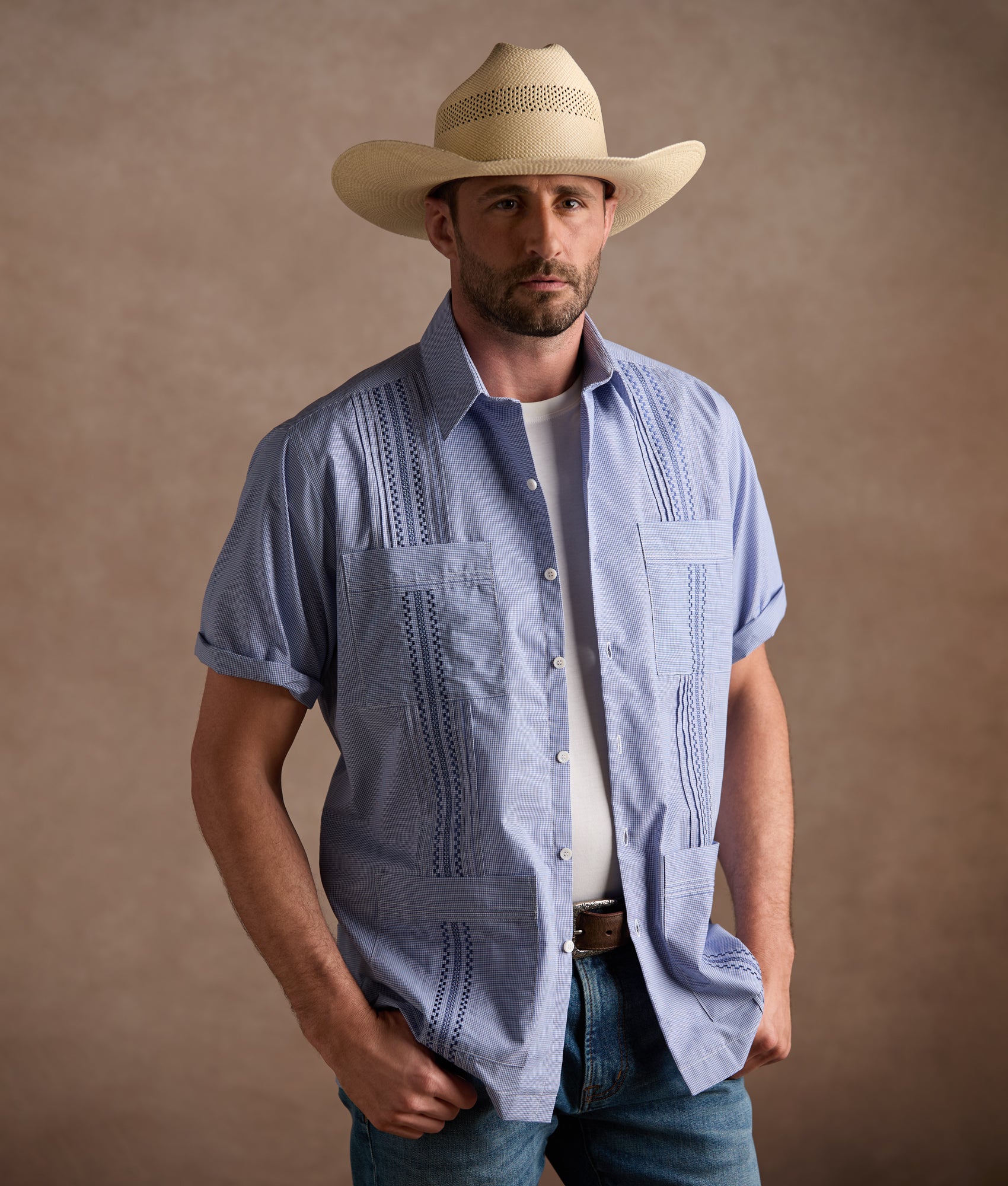 Guayabera Shirt :: Light Blue And White Gingham - Image 3