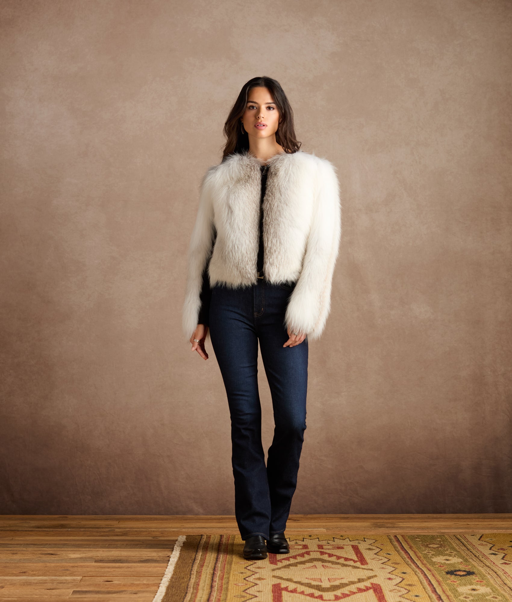 Francesca Feathered Fox Jacket :: White/Black - Image 2