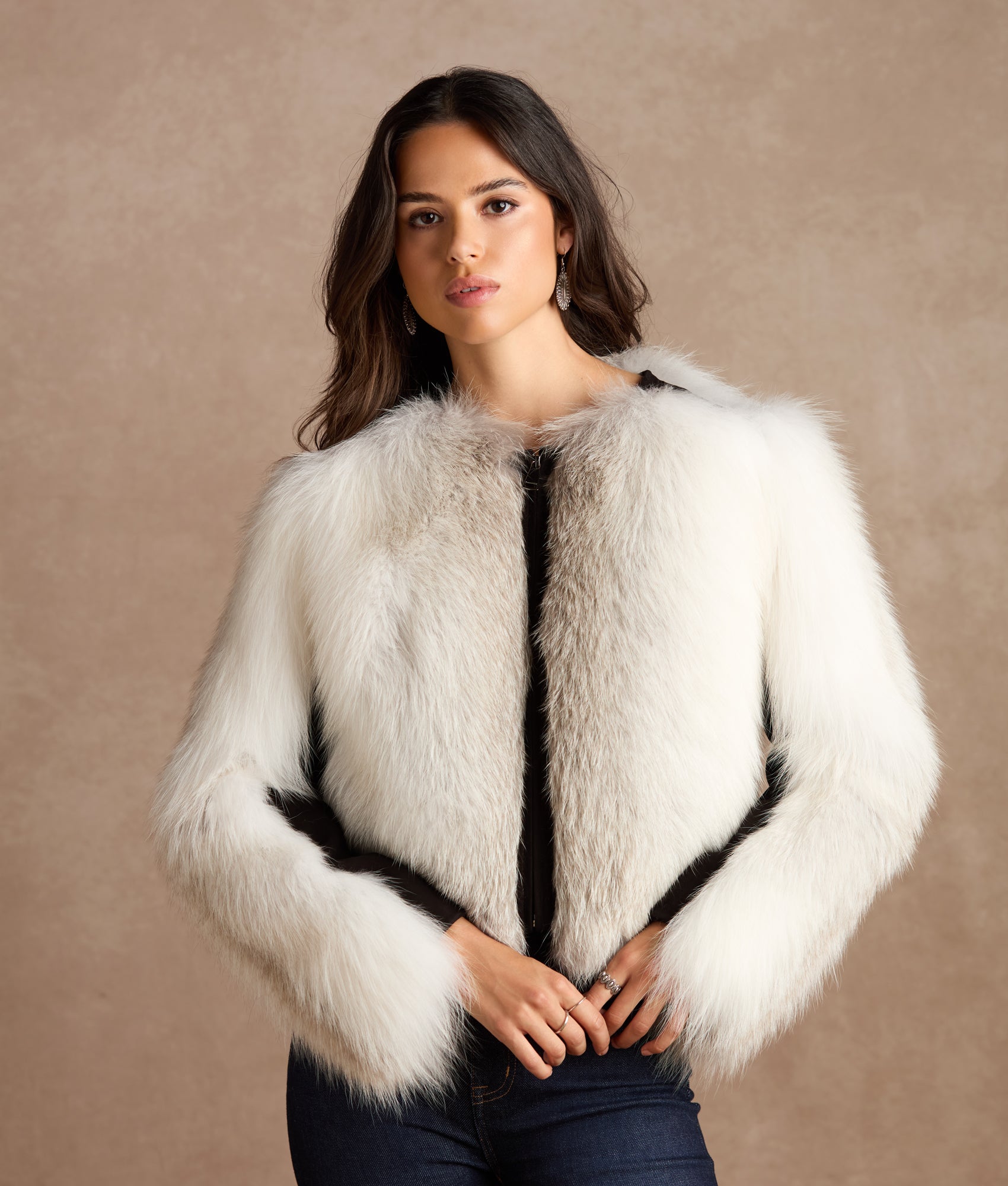 Francesca Feathered Fox Jacket :: White/Black - Image 8