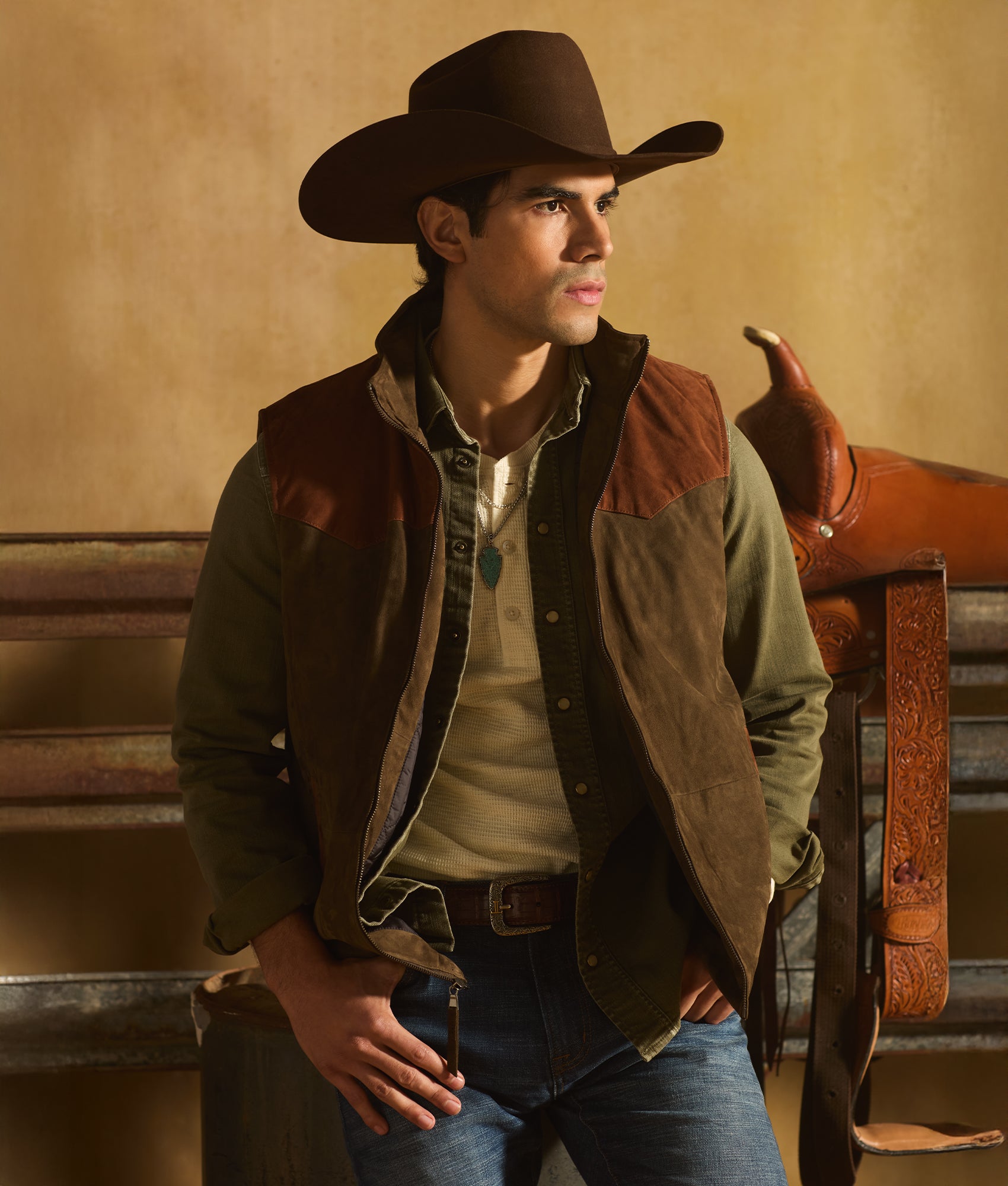 Men's Roper Denim Shirt :: Olive Green - Image 2