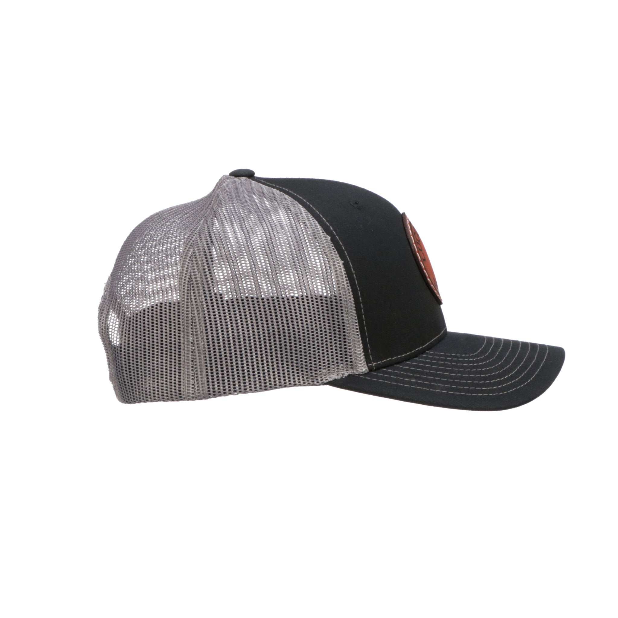 Leather Patch Cap Round :: Black + Charcoal - Image 3