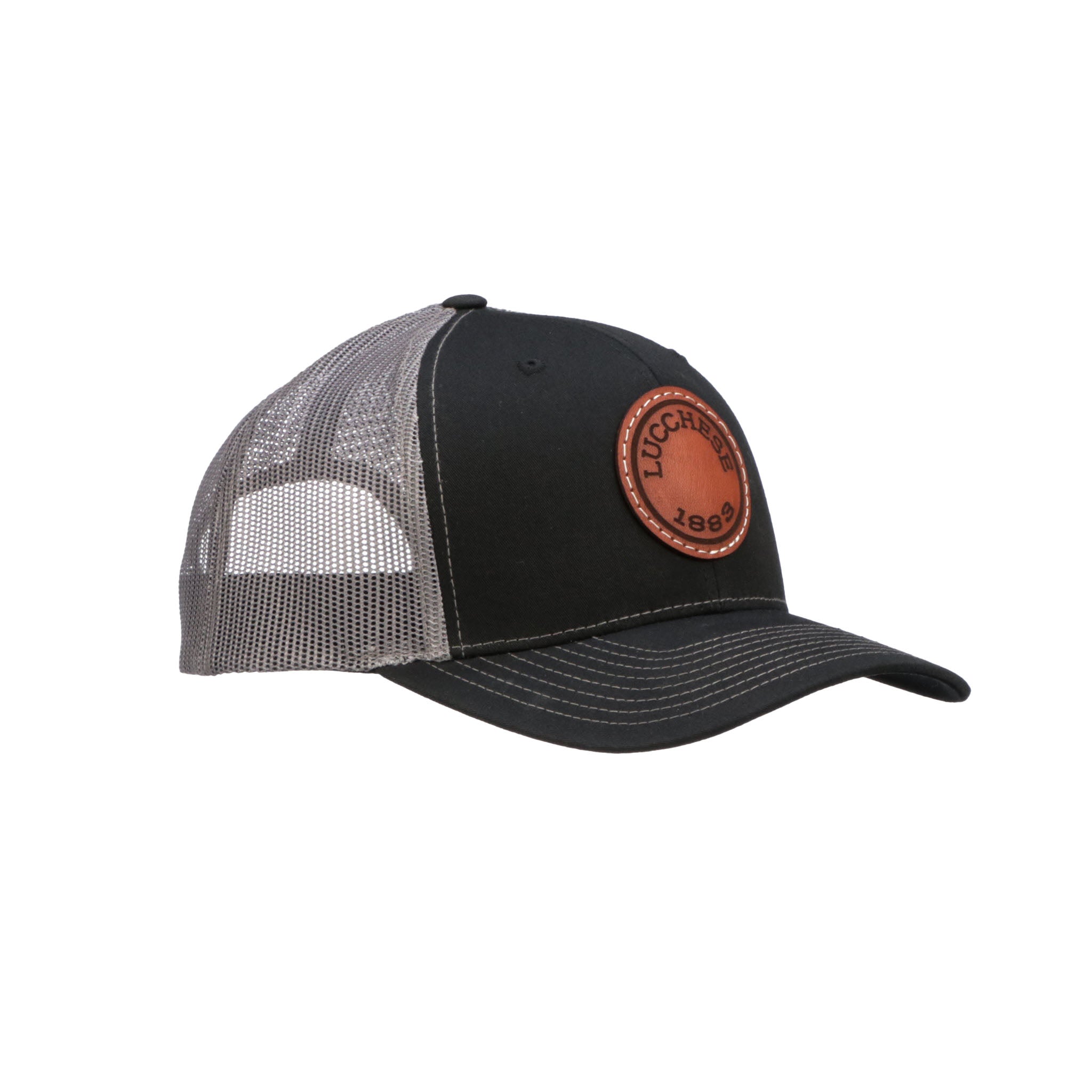 Leather Patch Cap Round :: Black + Charcoal - Image 2
